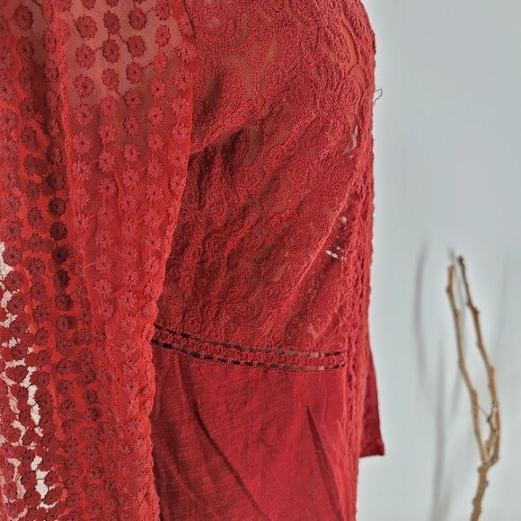 Lucky brand brick red boho top with semi sheer panels - Picture 7 of 12